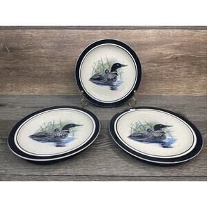 Folkcraft Stoneware Scotty Z Loon Lake Salad Plate 8 5/8" ~set of 3